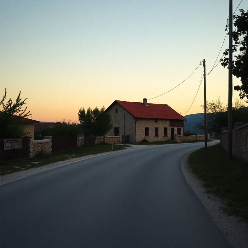 Prazna slavonska seoska cesta u sumrak s terakota seoskom kućom u pozadini